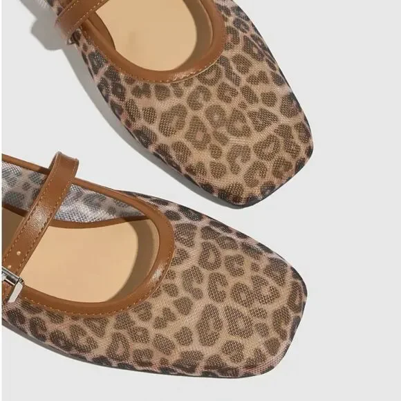 Leopard Print Mesh Mary Jane Flats - Picture 5 of 6